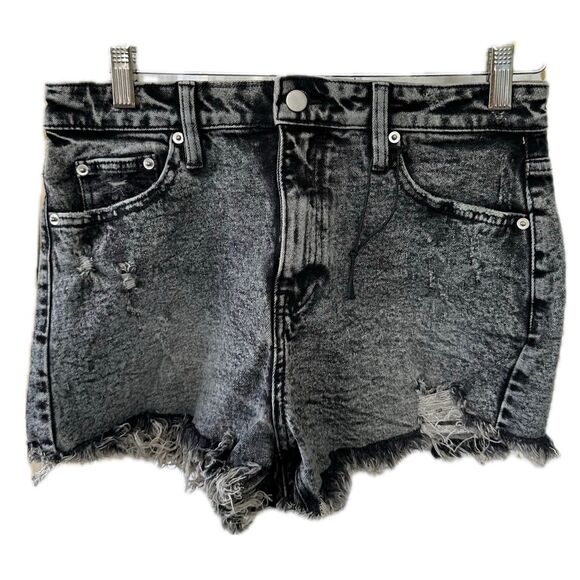I&M Distressed Black Label Acid Stone Wash Raw Fray Hem Comfort Denim Shorts M - Picture 1 of 6